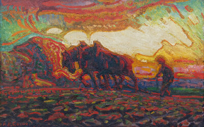 ADRIAAN HERMAN GOUWE (1875-1965) PLOEGENDE BOER (CA.1910)